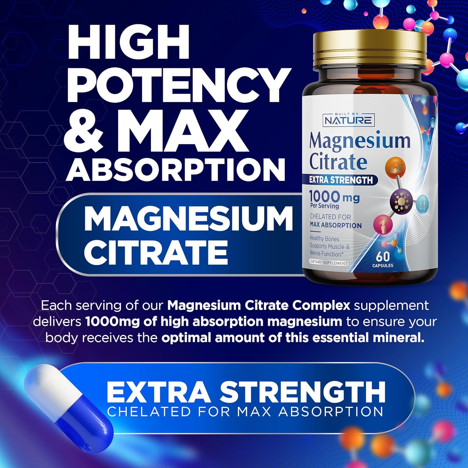 Citrato de magnesio 1000 mg  Máxima absorción y complejo de magnesio de alta potencia Suplemento para corazón, músculo, nervio, salud ósea y alivio