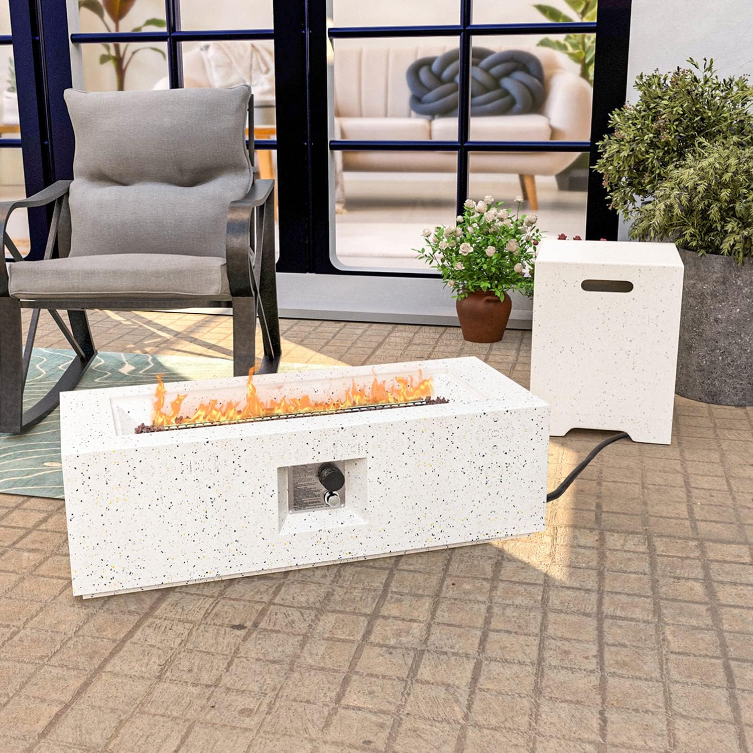 HOMPUS Fogata de propano para exteriores, 50,000 BTU, 42 x 17 pulgadas, mesa rectangular de gas de hormigón para exteriores, muebles sin humo con