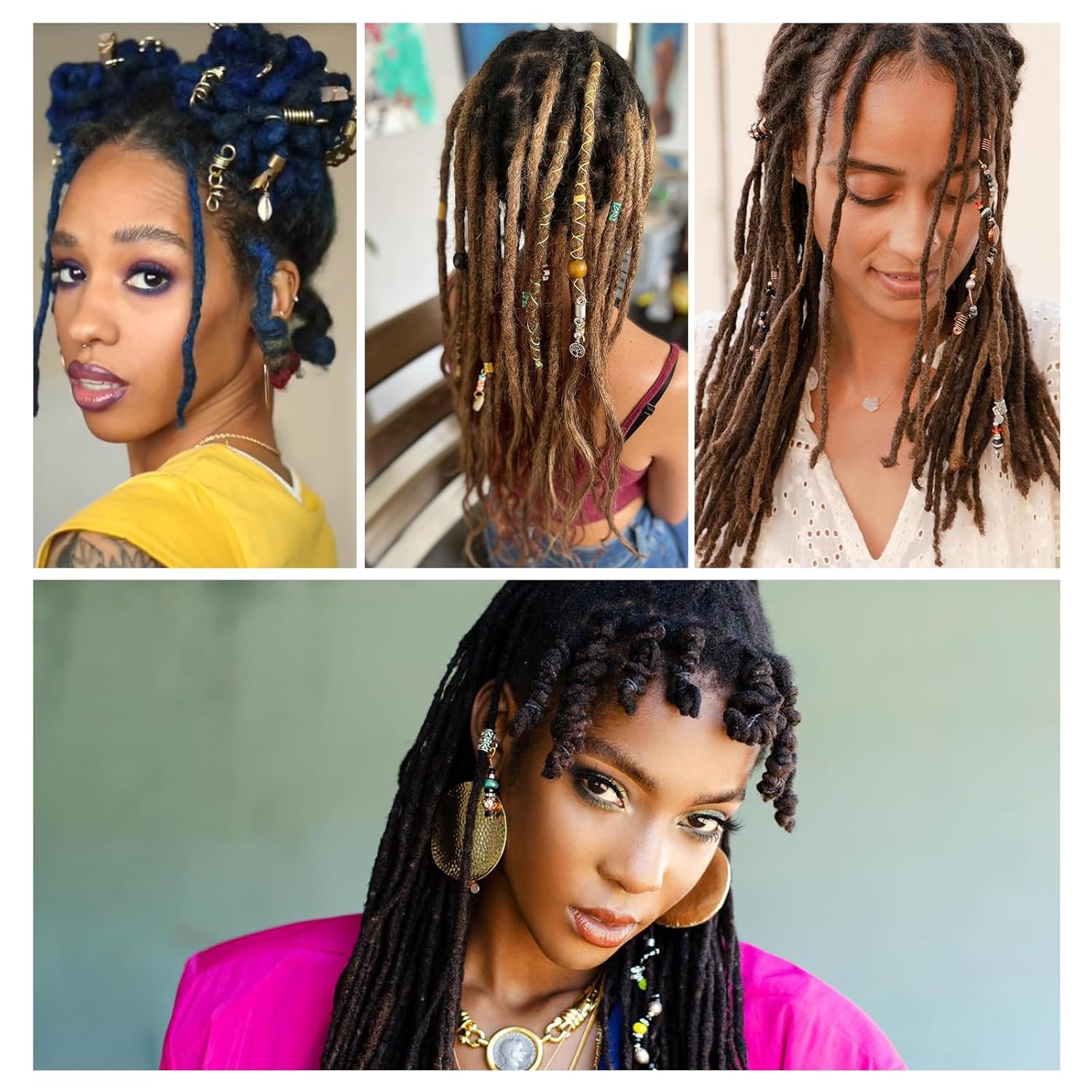 Qingchuang 241 piezas de joyas para el cabello para trenzas, rastas de metal dorado y plateado, conchas de imitación de madera, puños ajustables,