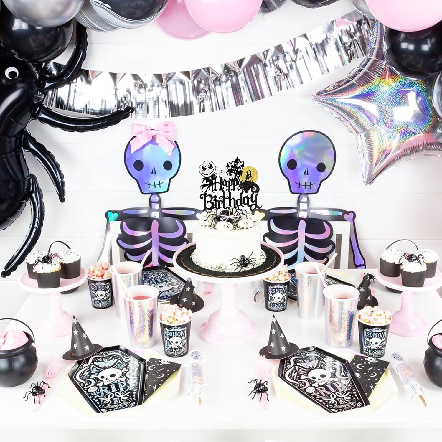 1 pieza de decoración de pastel de Halloween con purpurina de Jack y Sally Castle Ghost Halloween Cake Pick para temática de Pesadilla antes de