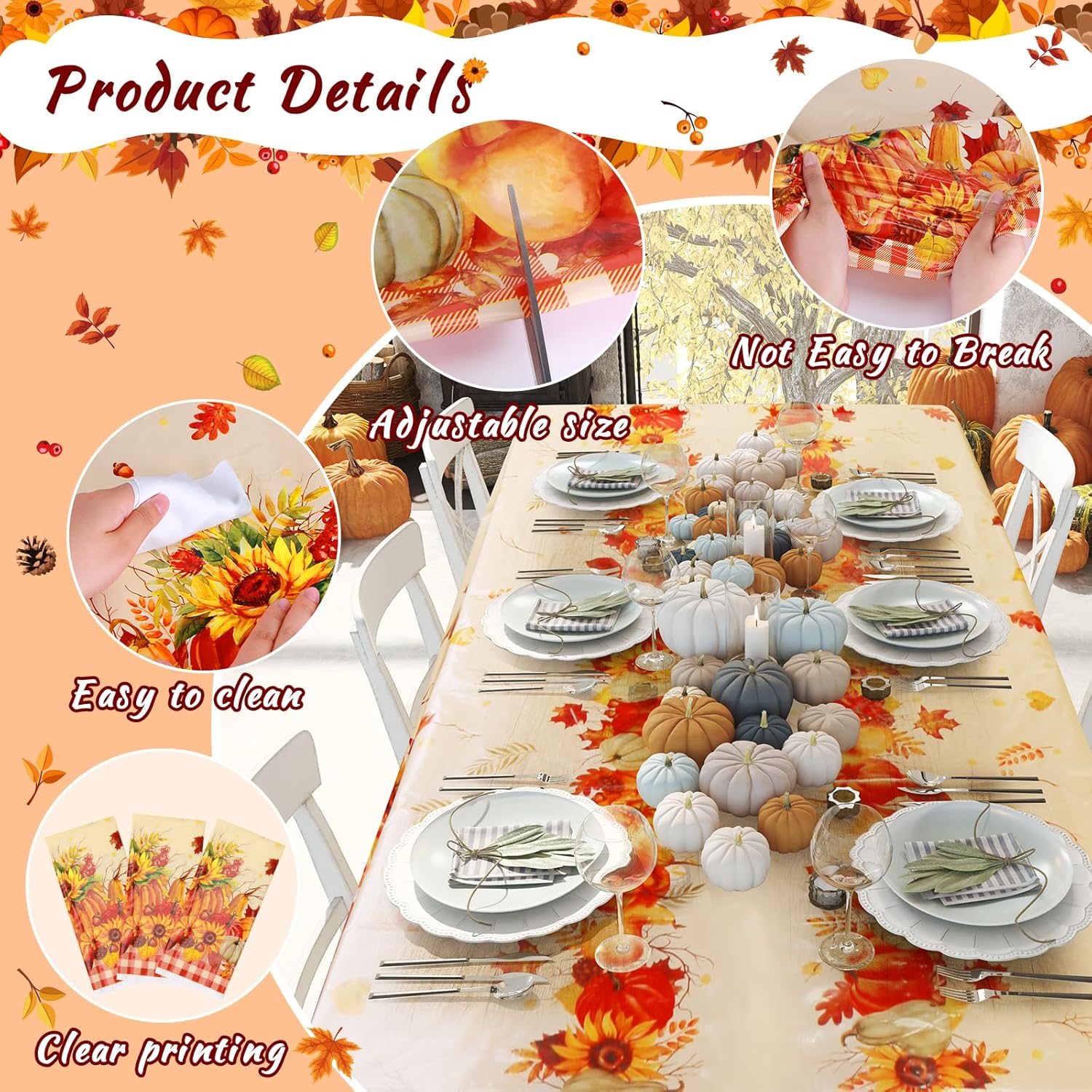 6 manteles de plástico desechables de plástico, manteles rectangulares de calabaza para decoración de mesa de día festivo, picnic, 54 x 108 pulgadas