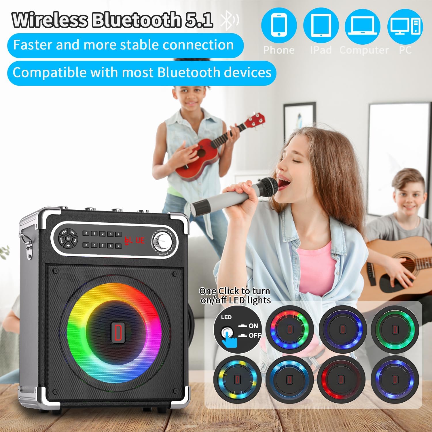 Máquina de karaoke con 2 micrófonos inalámbricos, altavoz portátil Bluetooth 5.1 para adultos y niños, ajuste de gravesagudos, sistema PA con