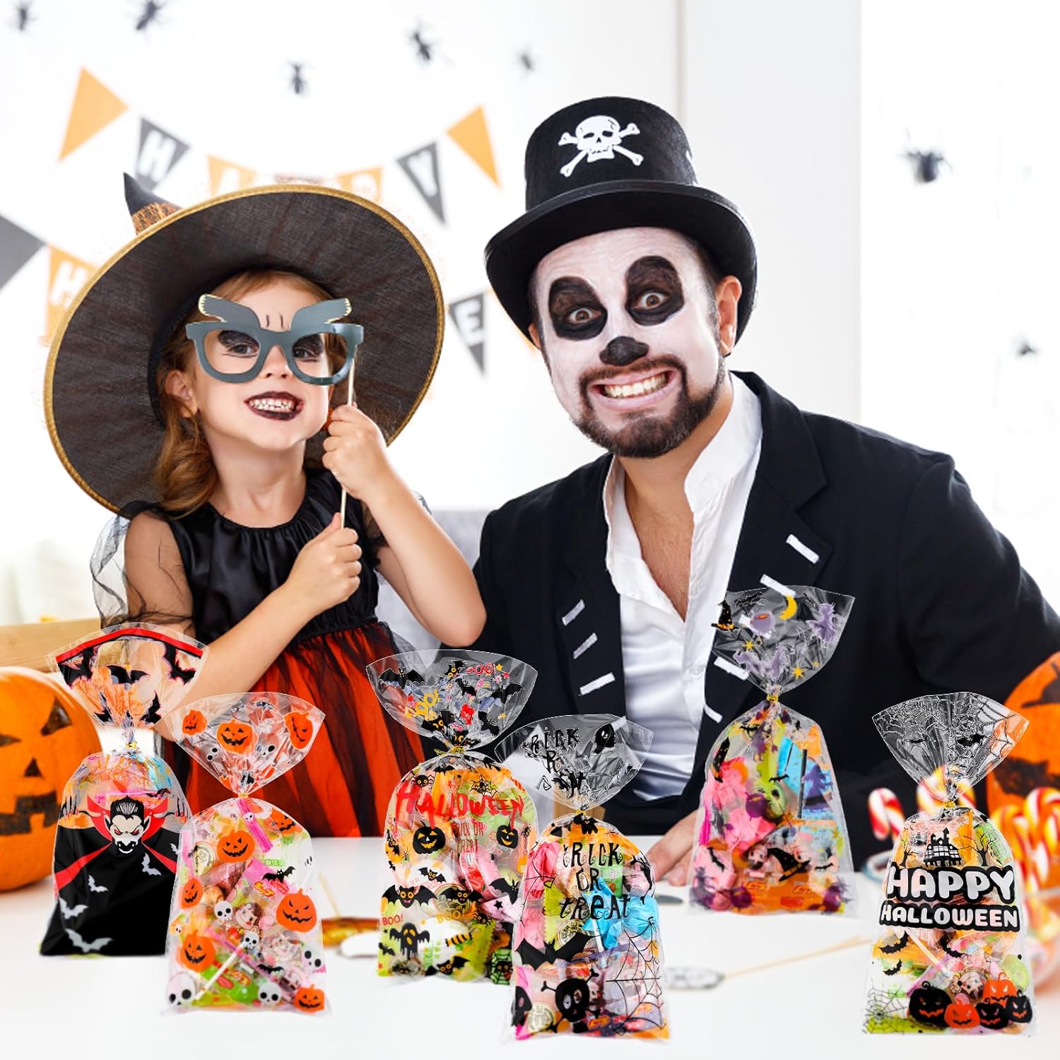 180 bolsas de celofán de Halloween, bolsa de plástico transparente para dulces con lazos dorados para fiestas de Halloween