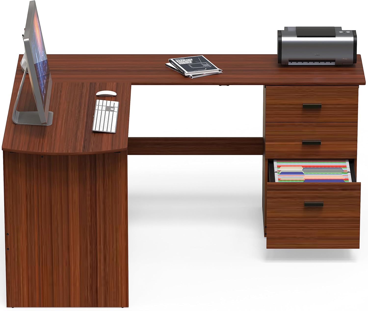 SHW Escritorio esquinero de madera en forma de L para oficina en casa con 3 cajones, nogal