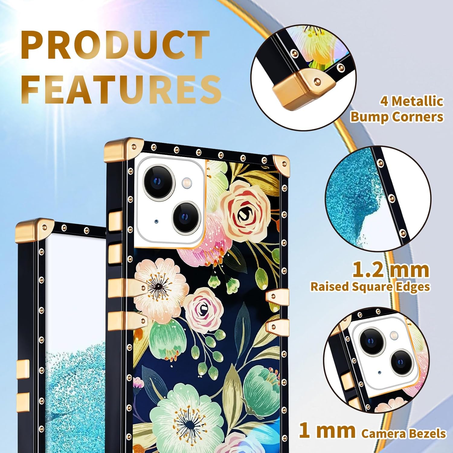 Loheckle Funda para iPhone 15 para iPhone 15 para mujeres y adolescentes, diseño cuadrado a la moda, lindas fundas con soporte de anillo y cordón,