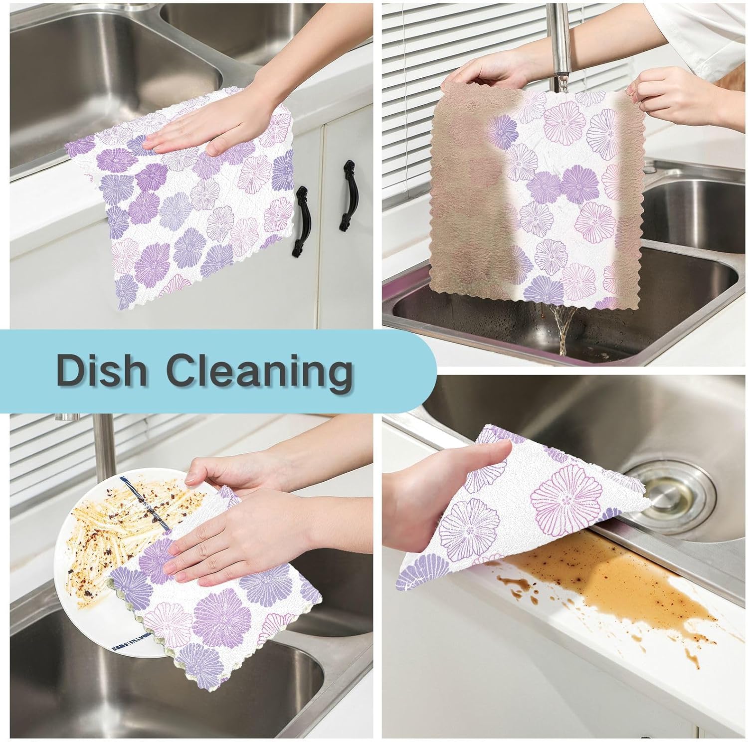 Purple Pink Flowers Doodle Cotton Decorative Dish Clothes for Washing Dishes Fast Drying 6 Pack Microfiber Drying Towel Kitchen for