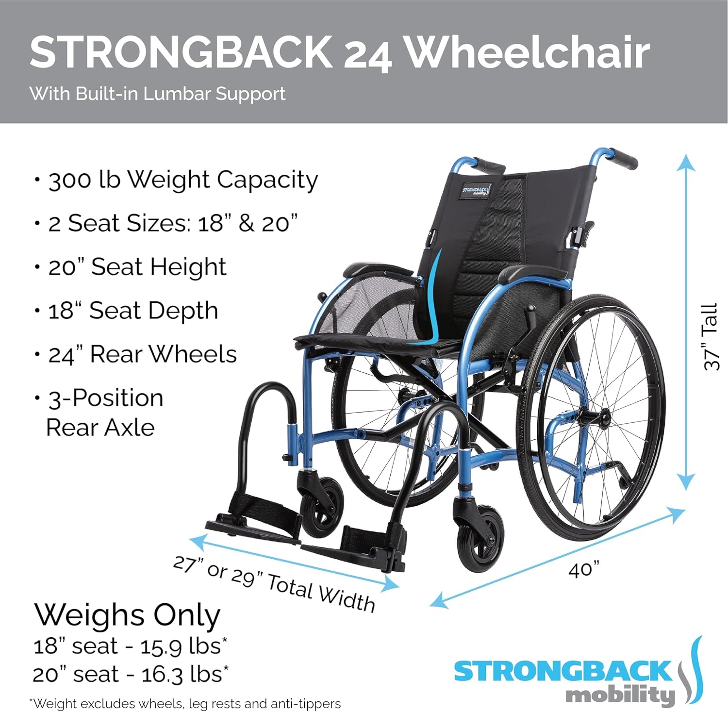 Silla de ruedas plegable ligera de 24 pulgadas para adultos y personas mayores, soporte lumbar ajustable integrado, asiento de 20 pulgadas modelo 2.0