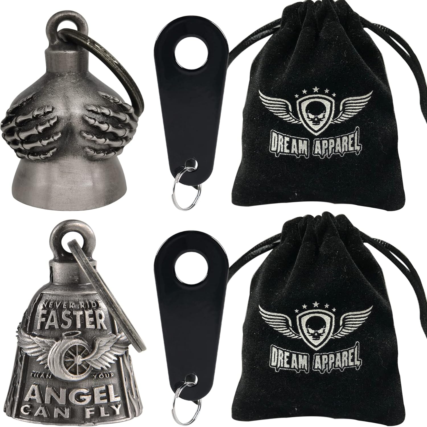 Dream Apparel Paquete de 2 campanas de motocicleta para motociclistas, hombres y mujeres, campanas de ángel con colgadores de campana, accesorios de