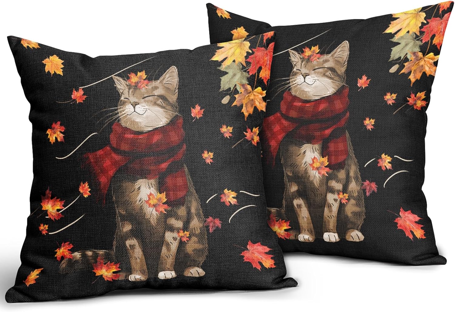 Juego de 2 fundas de almohada de gato de otoño de 16 x 16 pulgadas, diseño de hojas de arce con fondo negro, fundas de almohada decorativas para