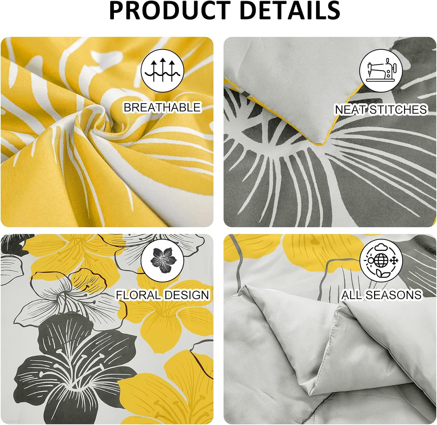 Juego de edredón tamaño California King, estampado floral amarillo en gris, juego de ropa de cama de microfibra suave bohemio para todas las