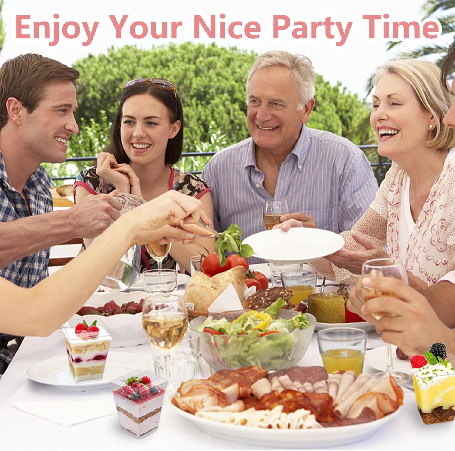 Paquete de 50 tazas de postre de 5 onzas con tapas y cucharas, tazas de parfait cuadradas transparentes, mini tazas de plástico para aperitivos,