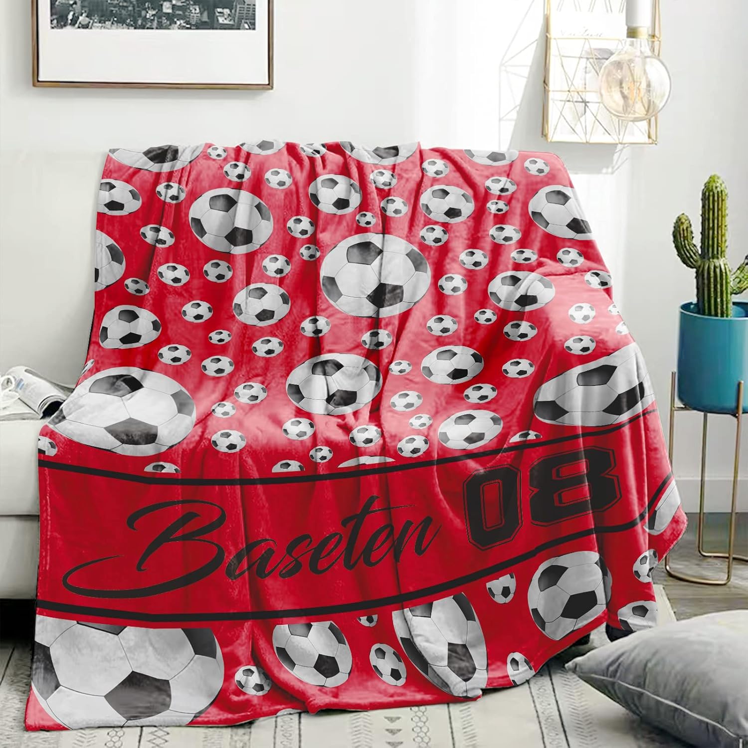 Manta de fútbol personalizada con nombre, manta con nombre personalizado, manta suave para deportes de fútbol, manta de cama roja, regalos