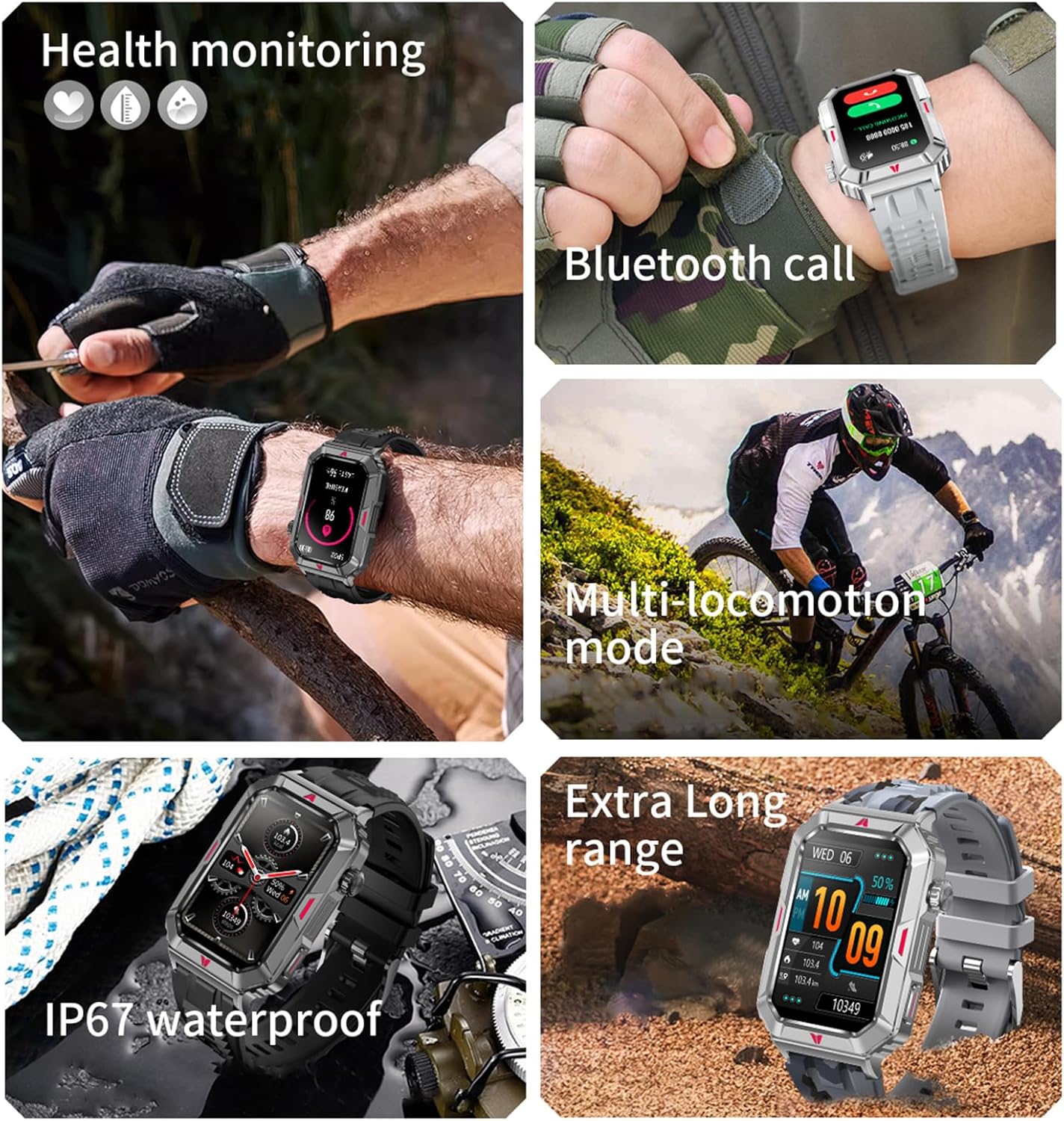 Wonlex Reloj inteligente militar para hombre (respuestahacer llamada), pulsera deportiva con pantalla HD de 1.57 pulgadas, impermeable, contador de