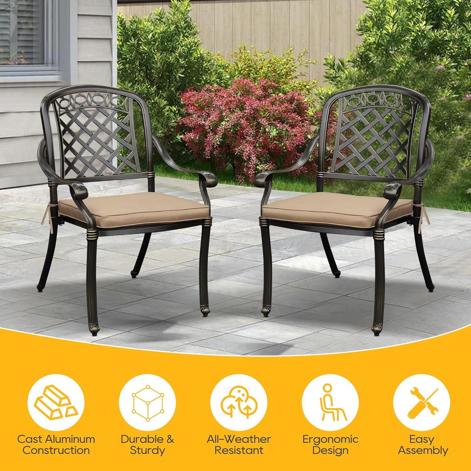 Juego de 2 sillas de comedor de aluminio fundido para patio, para todo tipo de clima, con reposabrazos y cojín, sillas de comedor apilables para