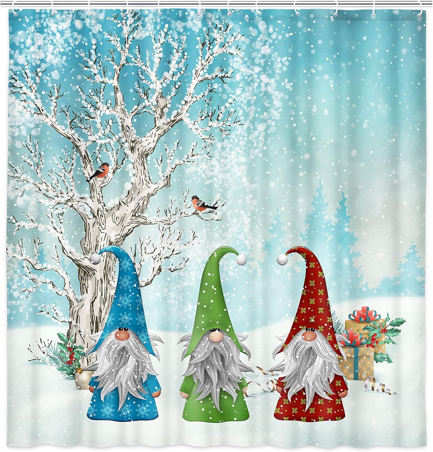 JAWO Cortina de ducha de gnomo de Navidad, árbol de bosque nevado, muñeco de nieve y cardenales, para invierno, Navidad, tela de poliéster