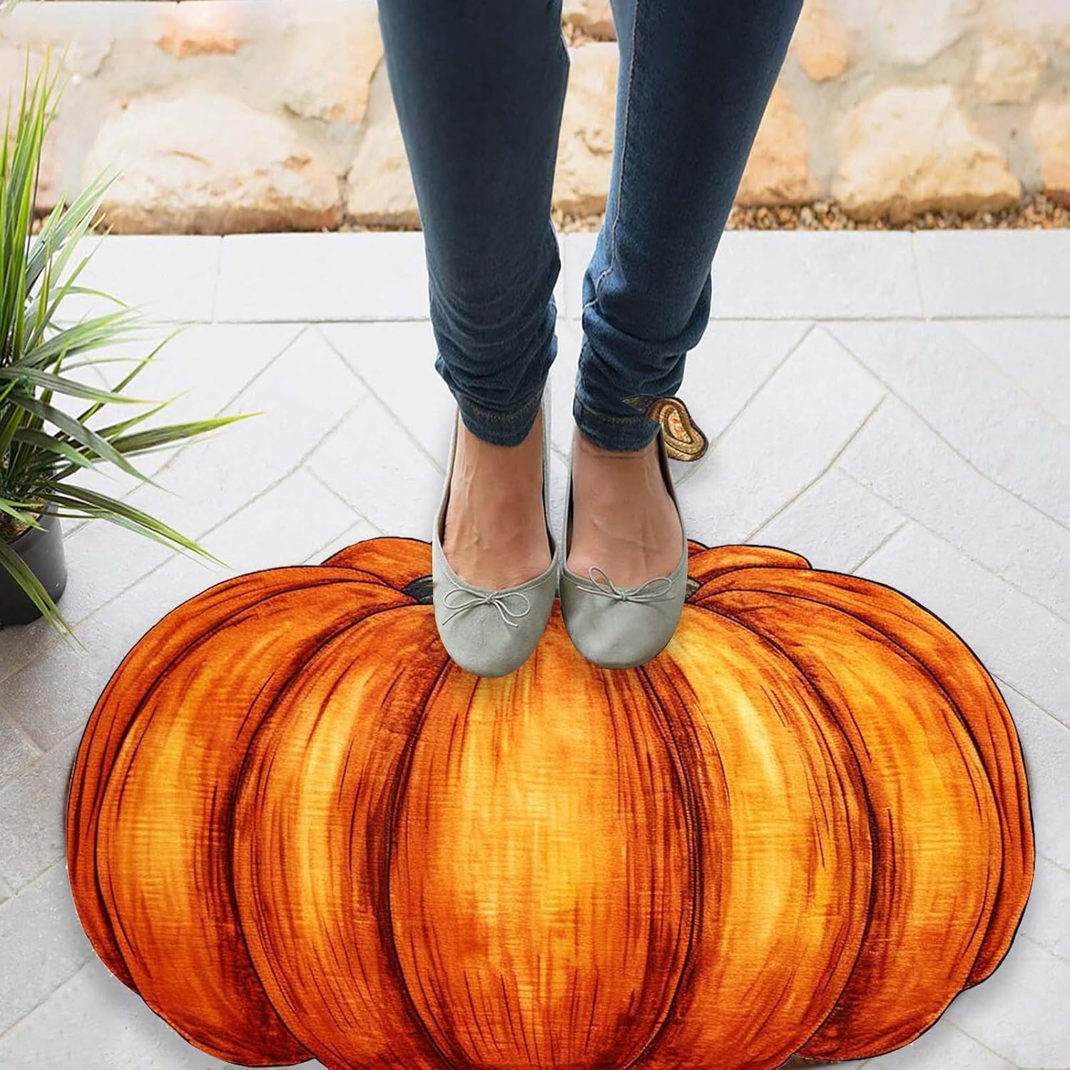 FRJINIE Alfombra de calabaza de otoño, 31 x 22 pulgadas, antideslizante, lavable, tapete de bienvenida, bonito tapete de Halloween, Acción de