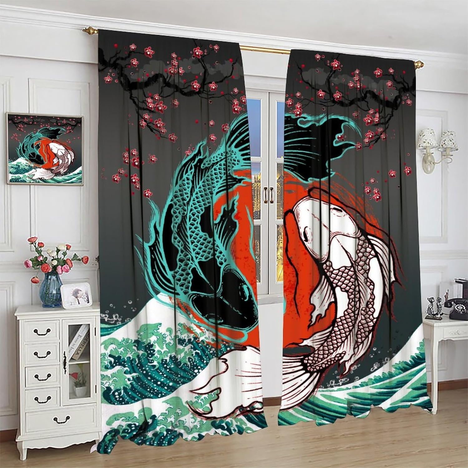 SENQIAN Koi – Cortinas opacas para cocina, estética japonesa, romántica, flor de cerezo, ondas, con bolsillo para cortinero, cortinas opacas para