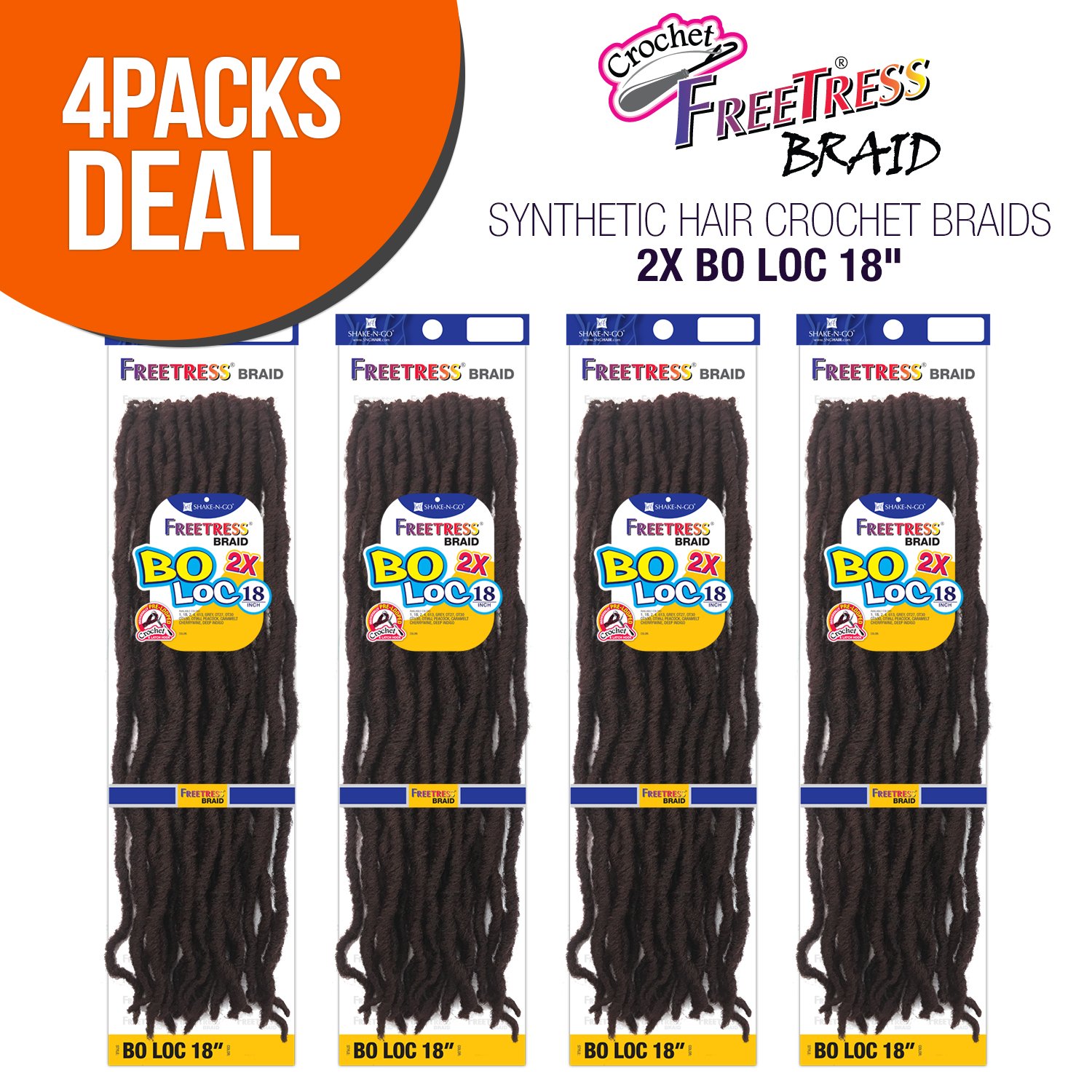 FreeTress – Trenzas de ganchillo de pelo sintético FreeTress 2X Bo Loc de 18 pulgadas (paquete de 4, 1B)