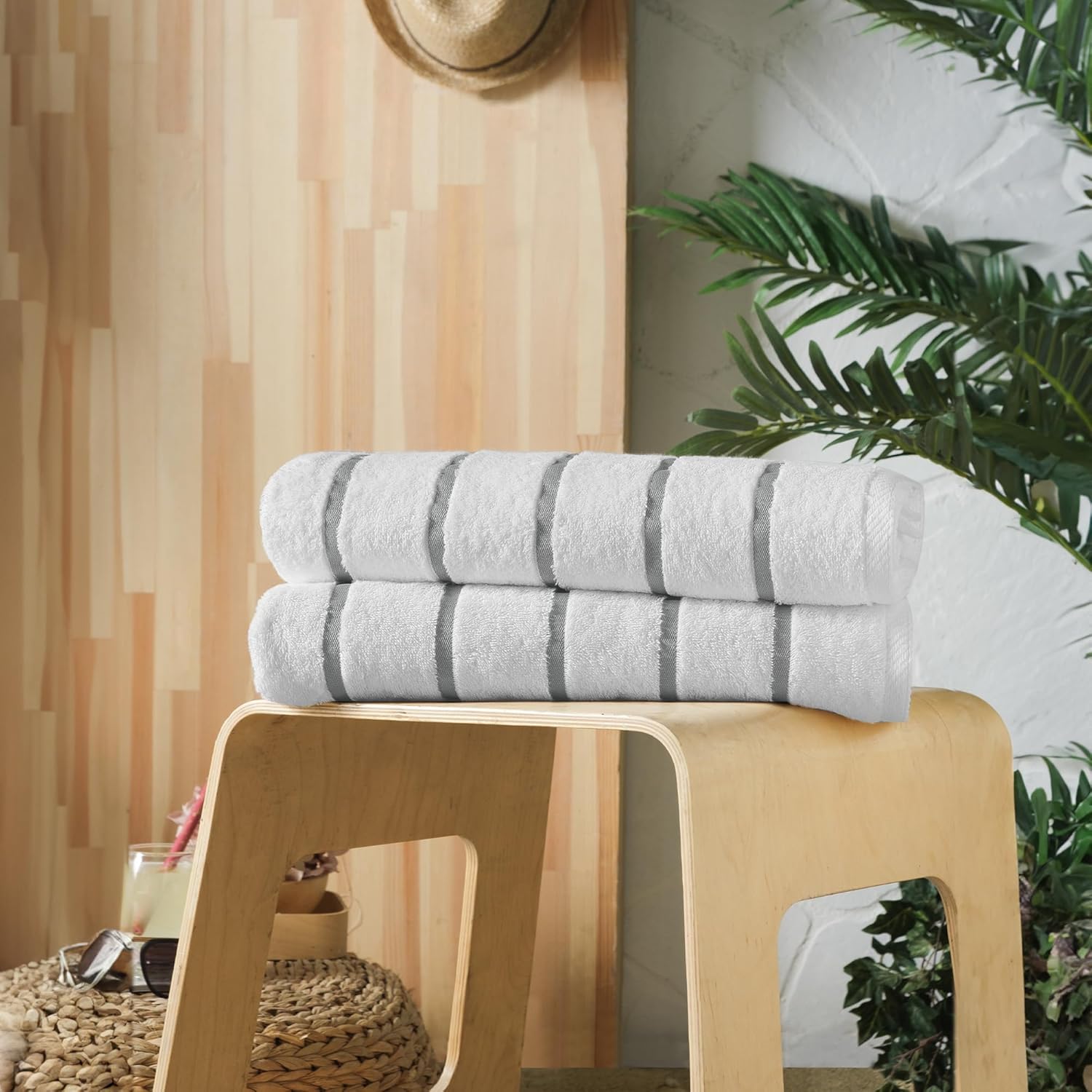 Paquete de 2 toallas de playa de algodón turco a rayas grises, grandes, suaves y absorbentes, juego de toallas de baño 100% algodón para playa,