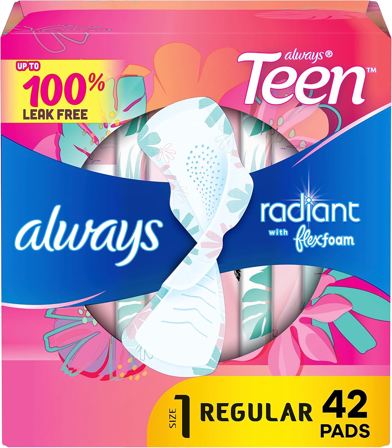 Always Radiant – Almohadillas femeninas para adolescentes, tamaño 1, absorción regular, con espuma flexible, con alas, sin perfume, 42 unidades