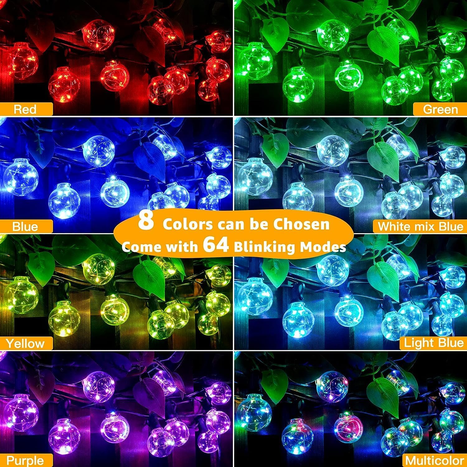 Cadena de luces para exteriores de 30 pies con 30 enchufes, bombillas LED RGB que cambian de color, inastillables, para patio, jardín (30 pies)