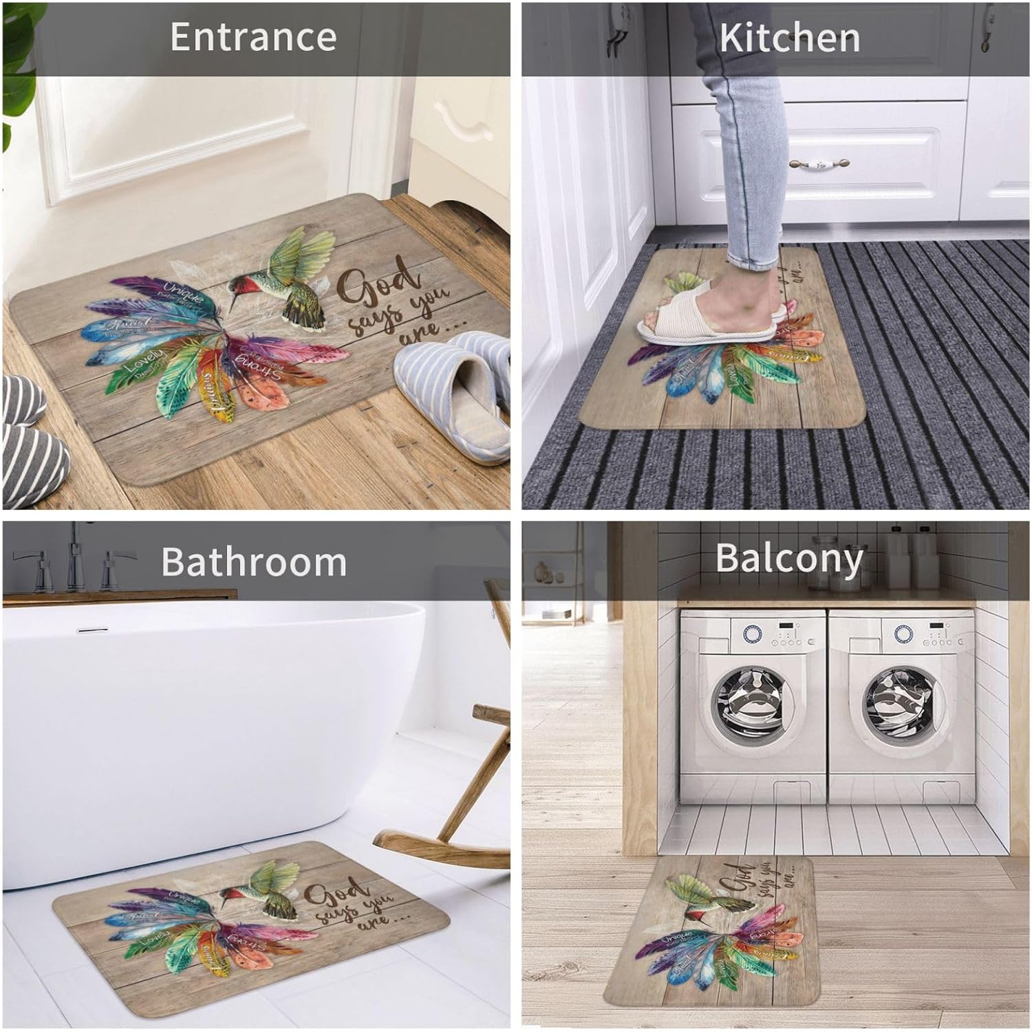 Tapete de baño antideslizante con diseño de colibrí, de secado rápido, lavable, con plumas de Dios dice que eres para baño, cocina, comedor, sala de