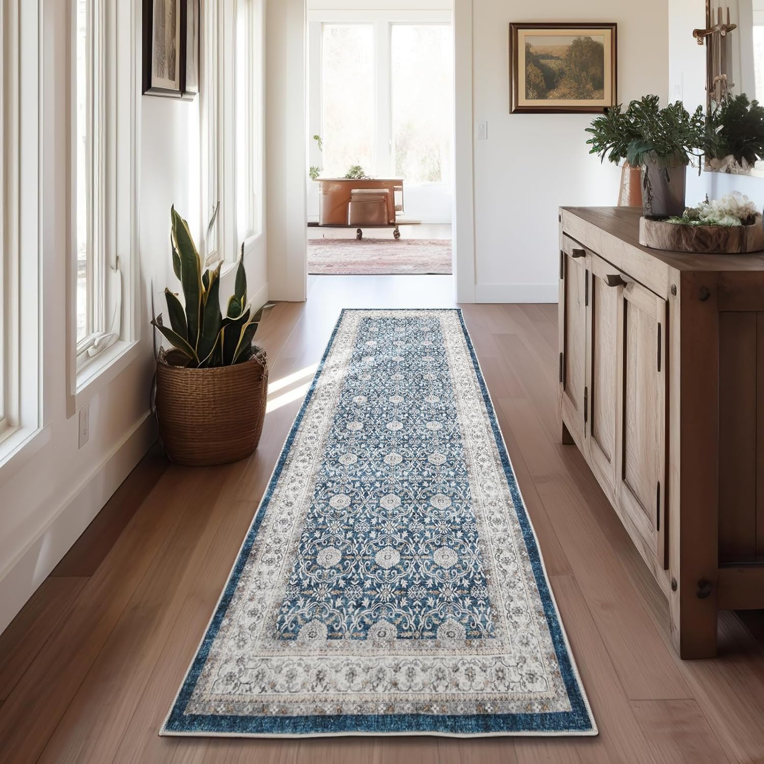jinchan Alfombra de pasillo vintage de 2 x 8 pies, alfombra de pasillo lavable, antideslizante, con estampado floral, suave, alfombra bohemia para