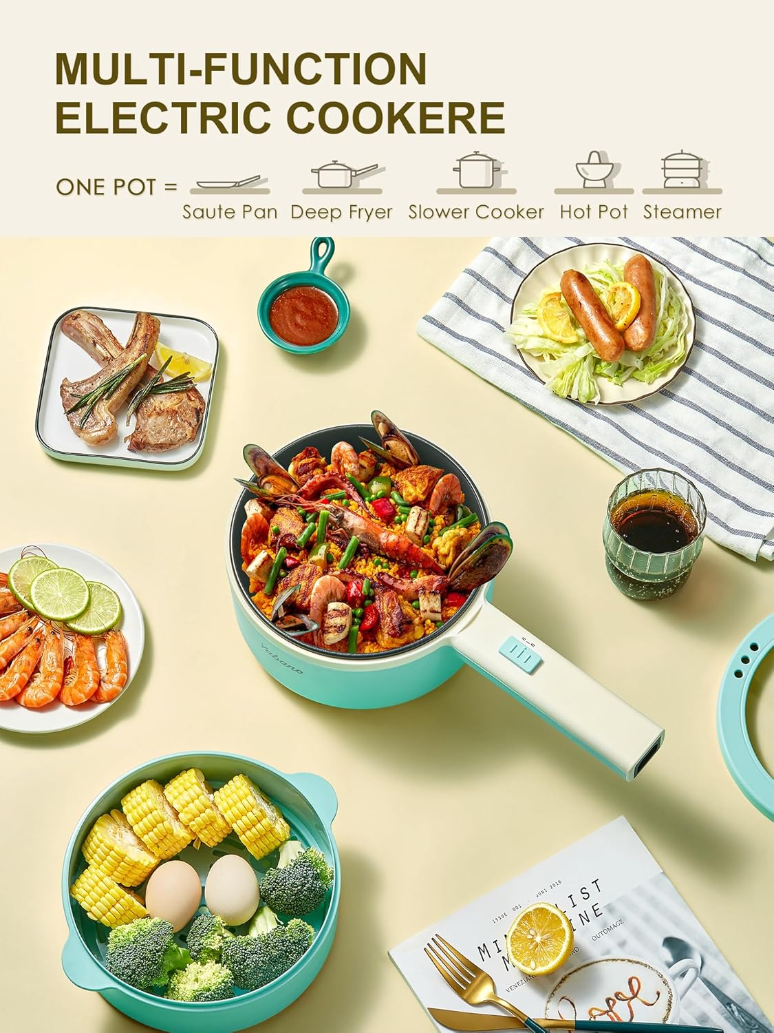 Yabano Olla eléctrica, olla eléctrica antiadherente de 850 W con vaporizador, olla de fideos de 1.6 L con control de potencia doble, olla portátil