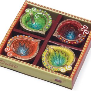 Terracoaat – Juego de 4 hojas multicolor de alta calidad, diseño de hojas de arcilla Diya para Diwali Navratri, decoraciones de aceite, lámpara de Terracoaat – Juego de 4 hojas multicolor de alta calidad, diseño de hojas de arcilla Diya para Diwali Navratri, decoraciones de aceite, lámpara de