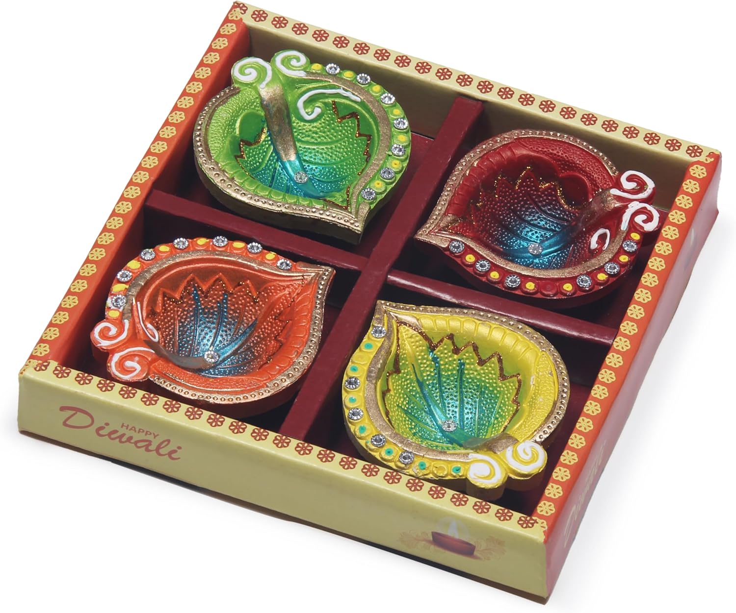 Terracoaat – Juego de 4 hojas multicolor de alta calidad, diseño de hojas de arcilla Diya para Diwali Navratri, decoraciones de aceite, lámpara de