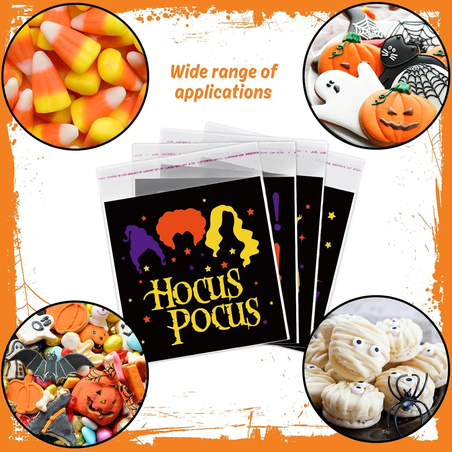 Whaline 240 bolsas de celofán para Halloween, autoadhesivas, bolsas de regalo de bruja Hocus Pocus, bolsas de regalo de brujas de celofán, bolsas de