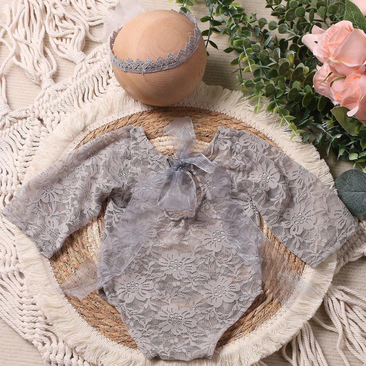 Traje de fotografía para bebé, traje de encaje para recién nacido, sesión de fotos, diadema de flores, disfraz de princesa