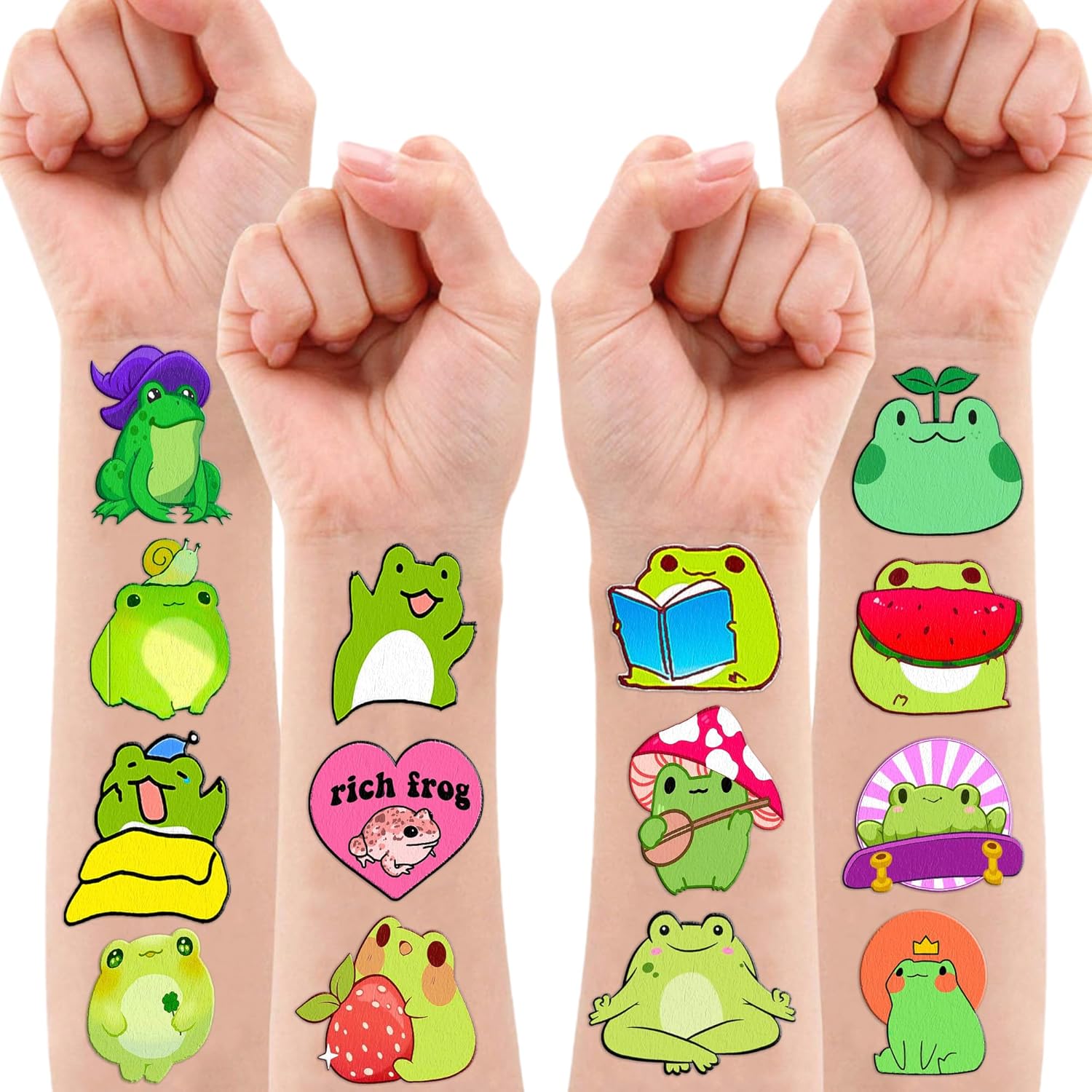Calcomanías de tatuajes temporales de rana con temática temática de fiesta de cumpleaños, regalos de decoración, 8 hojas, 85 unidades, divertidas