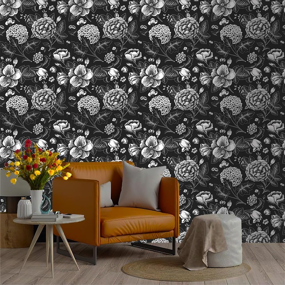 Papel tapiz vintage moderno en blanco y negro, papel tapiz floral, autoadhesivo, prepegado, papel tapiz removible (17.7 x 118.1 pulgadas,