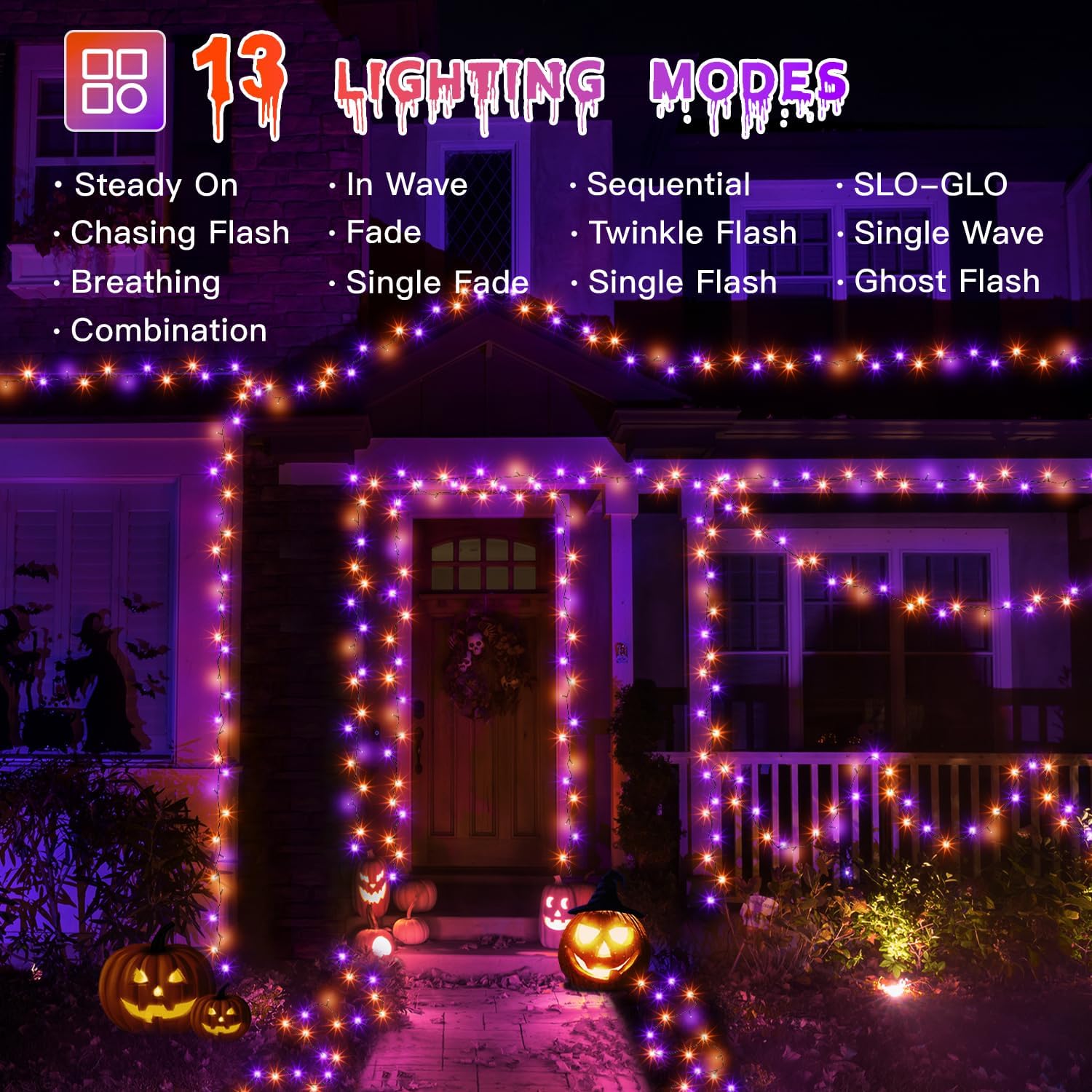 Ccinny 240 luces LED de Halloween de 78 pies con memoria, 13 modos de luces impermeables de Halloween al aire libre con temporizador, decoraciones