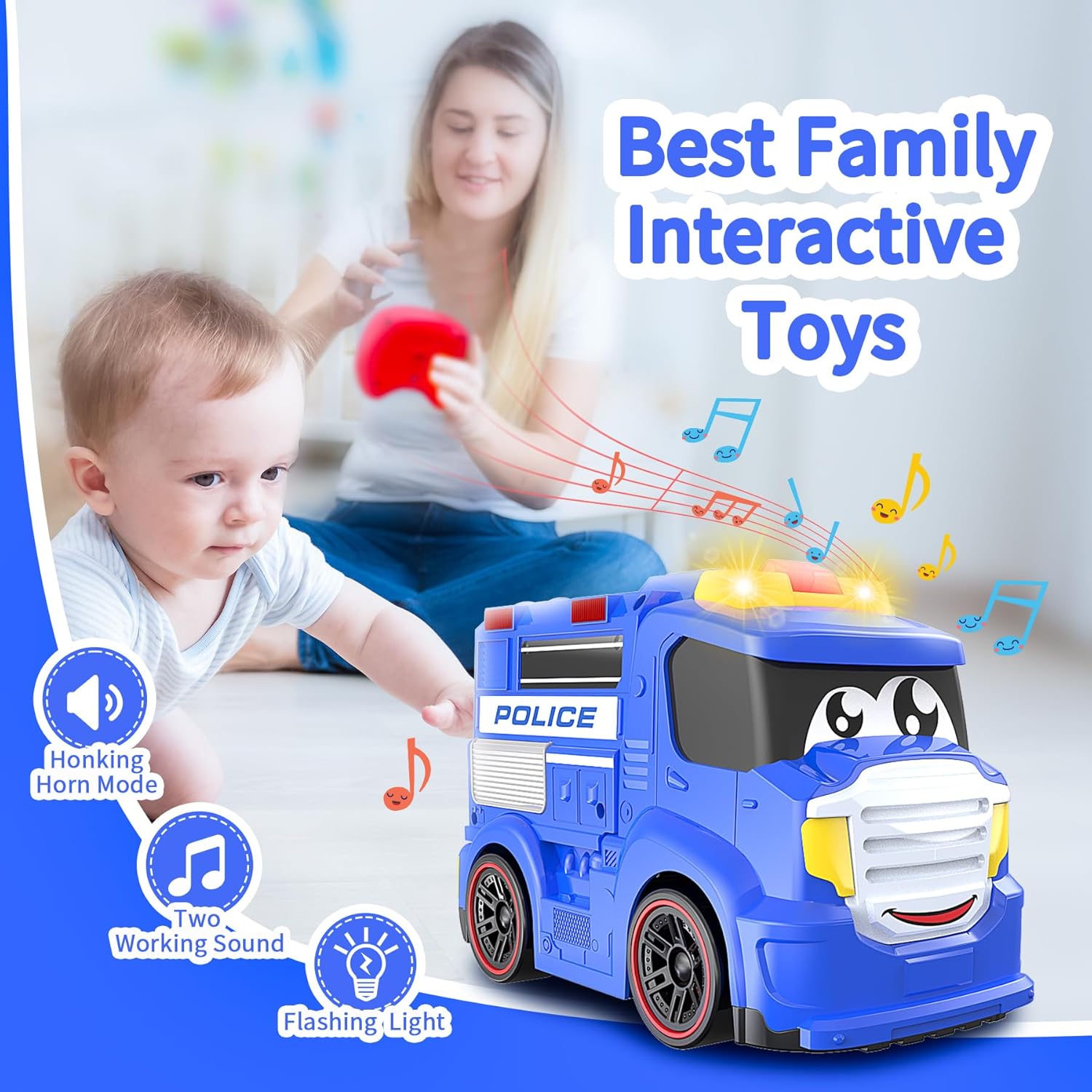 Auto a control remoto para niños pequeños, juguetes ideales para niños de 2 a 3 años, primer auto de policía a control remoto con sirenas y luces,