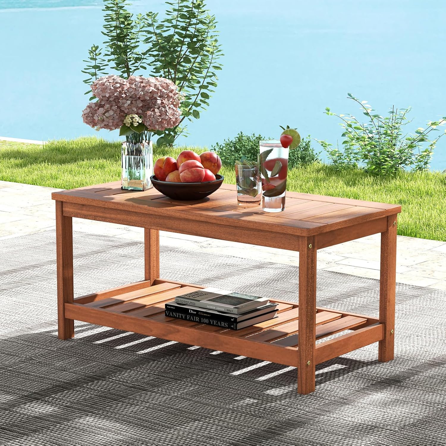 Tangkula Mesa de centro de madera dura para patio al aire libre, mesa de centro de 2 niveles con mesa de listones, estante de almacenamiento,