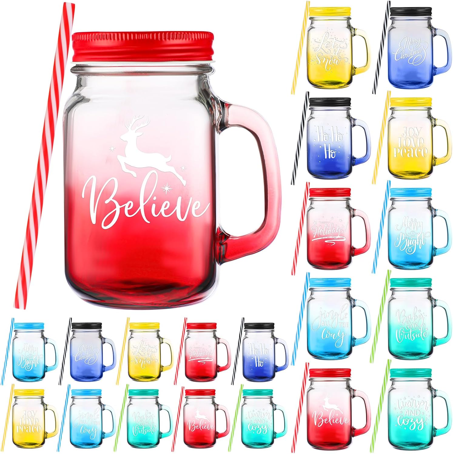 Vaso de Navidad con asa, taza de batido de 16 onzas con tapa y pajita, reutilizable, regalo de Navidad, vaso de boca grande decorativa para el