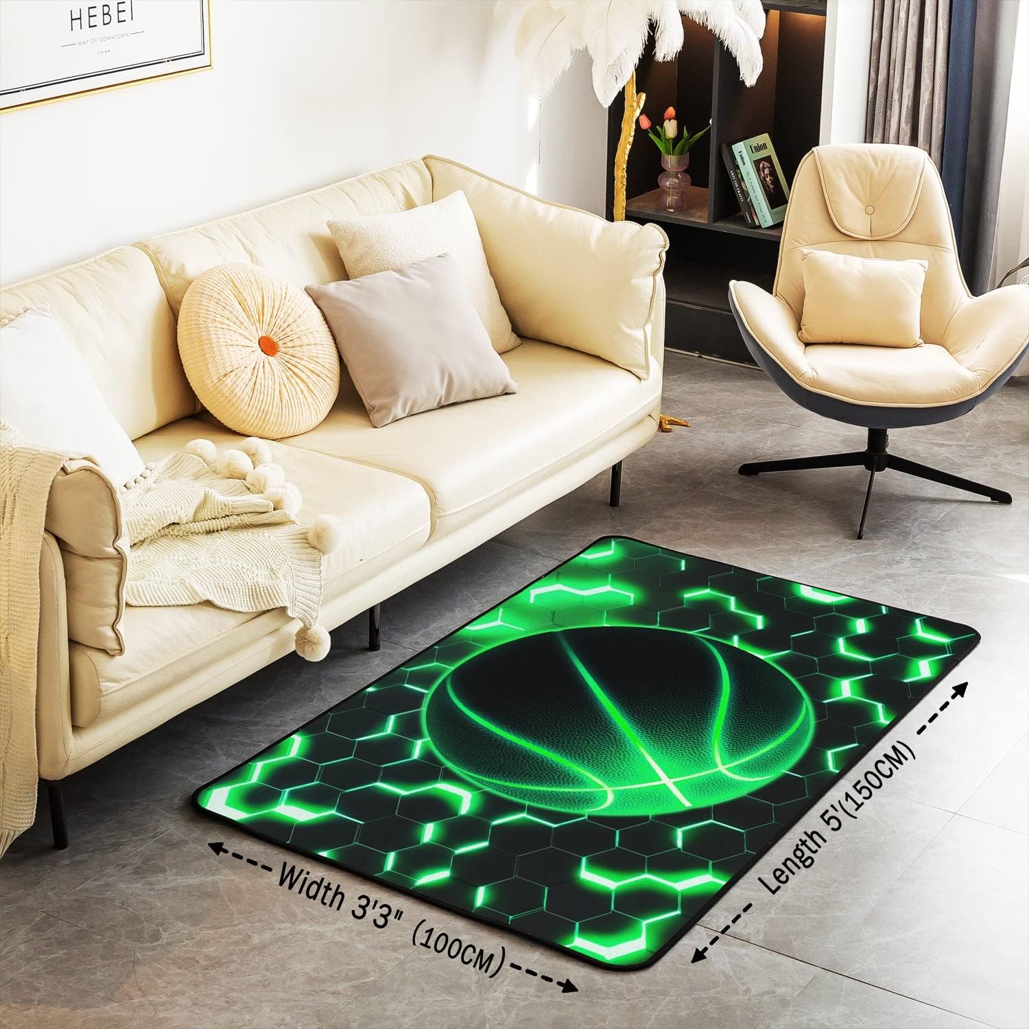 Alfombra de baloncesto de 3 x 5 pies, decoración temática deportiva de panal verde, alfombra que no desprende para niños, adolescentes y adultos,