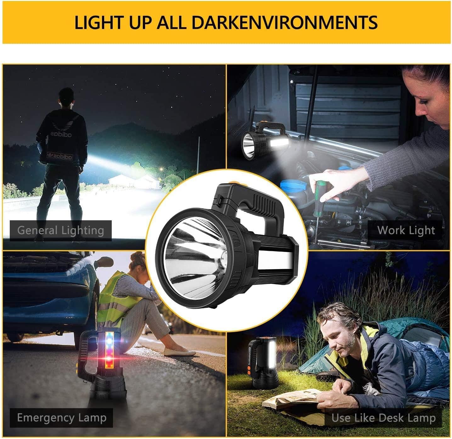 Linterna LED superbrillante de mano recargable 9600 mAh 6000 lúmenes, luz de punto de larga duración, linterna táctica CREE, impermeable, 6 modos de