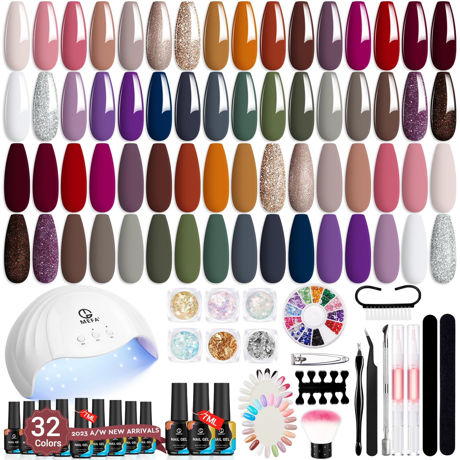 MEFA Kit de esmalte de uñas de gel de otoño con luz UV, 52 piezas, juego de esmaltes de uñas de gel de 28 colores con base y capa superior