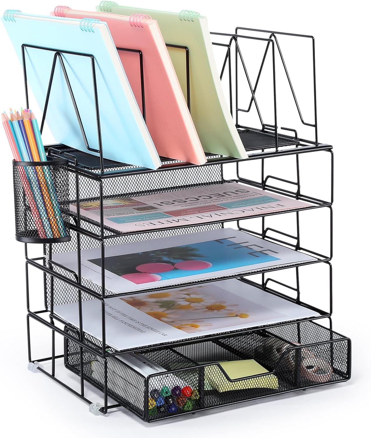 Housmile Organizadores y accesorios de escritorio, organizador de escritorio de 5 niveles con clasificadores de archivos, bandeja de papel, cajón y