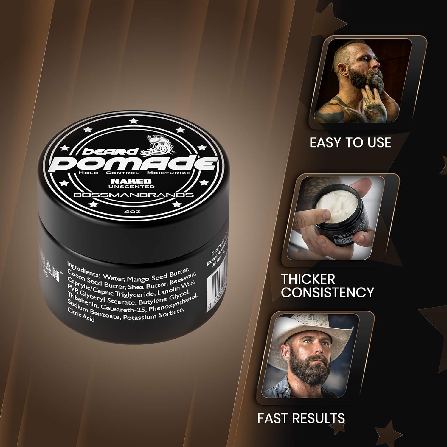 Bossman Pomada para cabello y barba para hombres, hidratante con sujeción y control medio, pomada para peinar el cabello para hombre, fabricada en