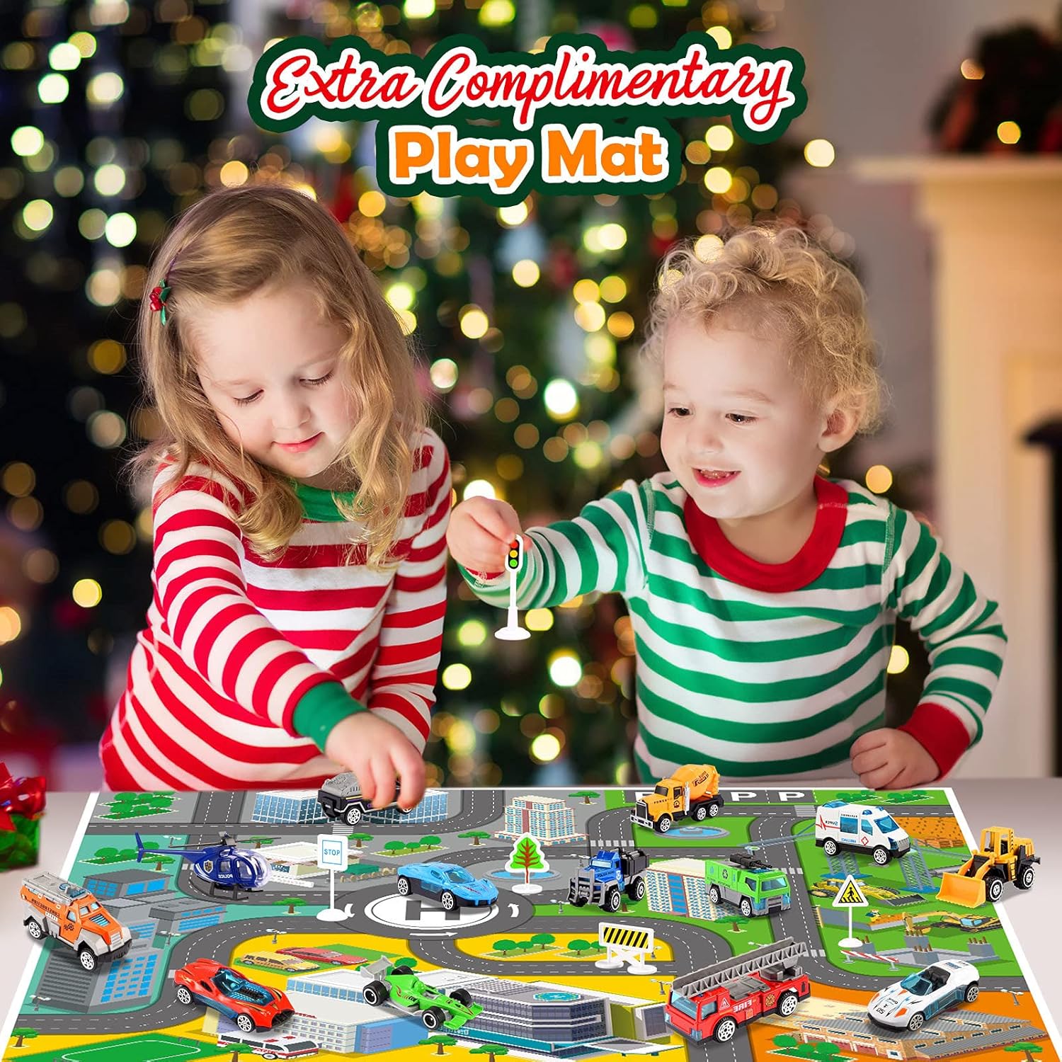 Calendario de Adviento de Navidad 2022 para niños vehículos de aleación y juegos de helicópteros de juguete más 2 alfombrillas de juego, regalo