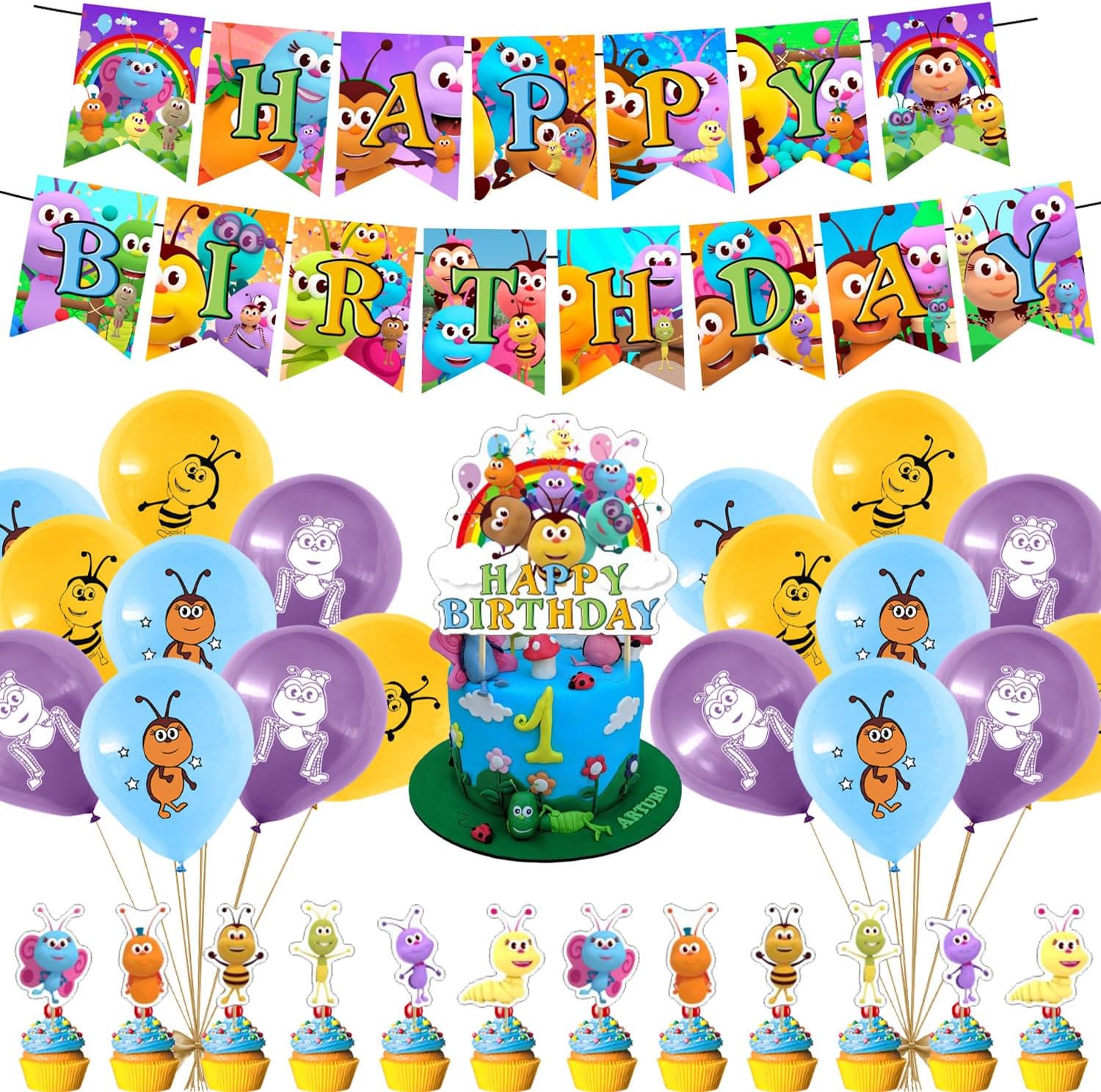 Bichi – Juego de decoraciones para fiestas, divertidos suministros de cumpleaños con temática de Bichi para niños, insectos de dibujos animados,