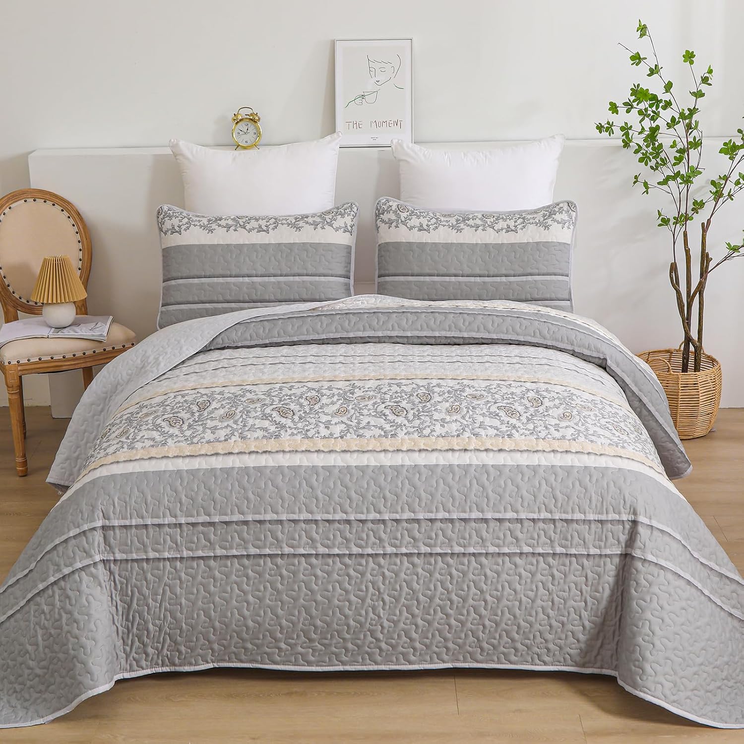 Anibedding Juego de edredón gris tamaño King de 3 piezas con estampado de cachemira, reversible, bohemio, a rayas, con 2 fundas de almohada, para