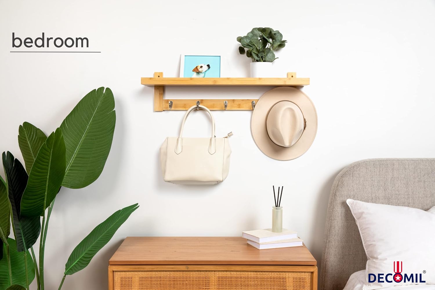 DECOMIL – Perchero con estante, Perchero de bambú, Perchero de montaje en pared, perchero con estante