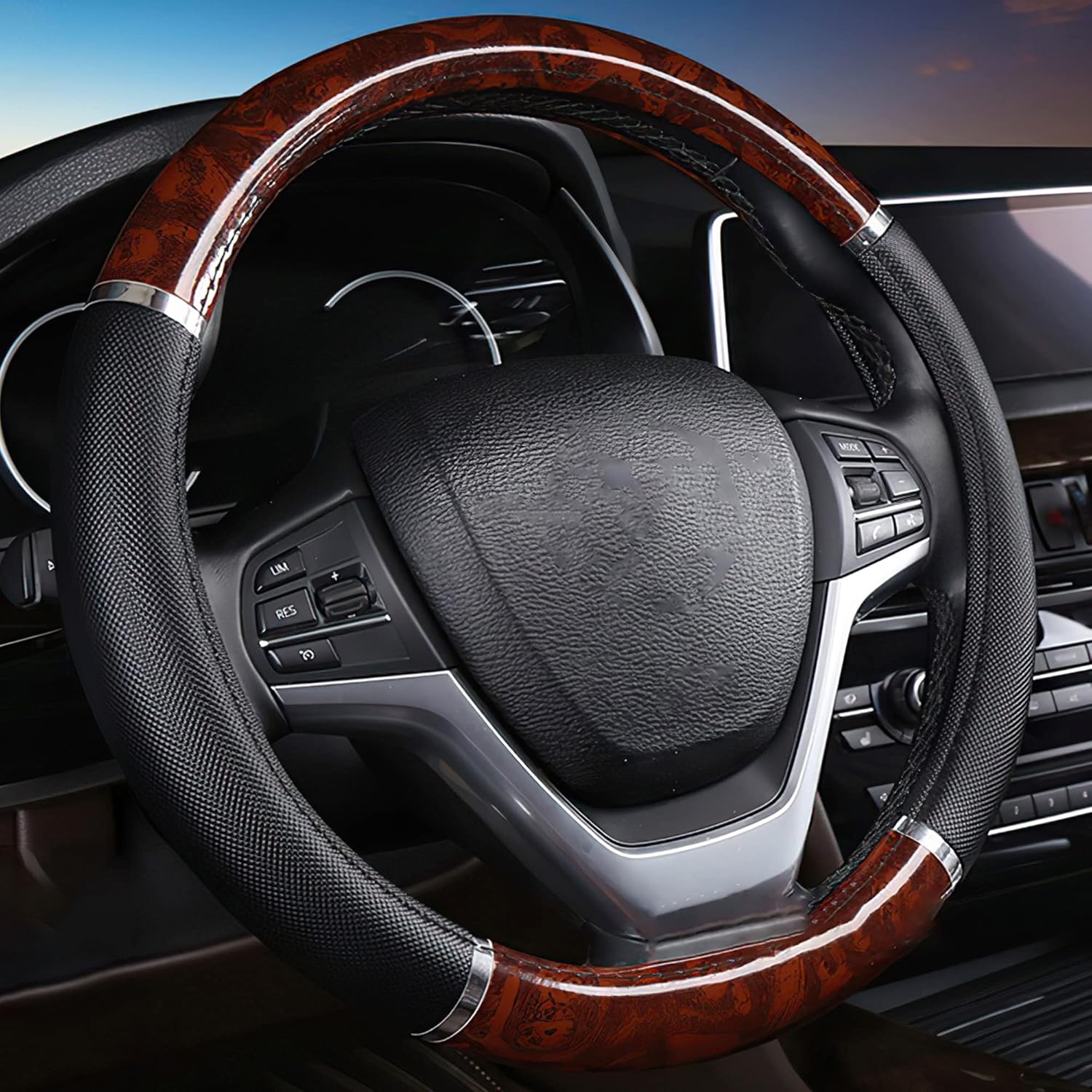 Funda para volante de cuero de grano de madera, color marrón y negro, elástica, elástica, protector de rueda de automóvil, SUV, transpirable,