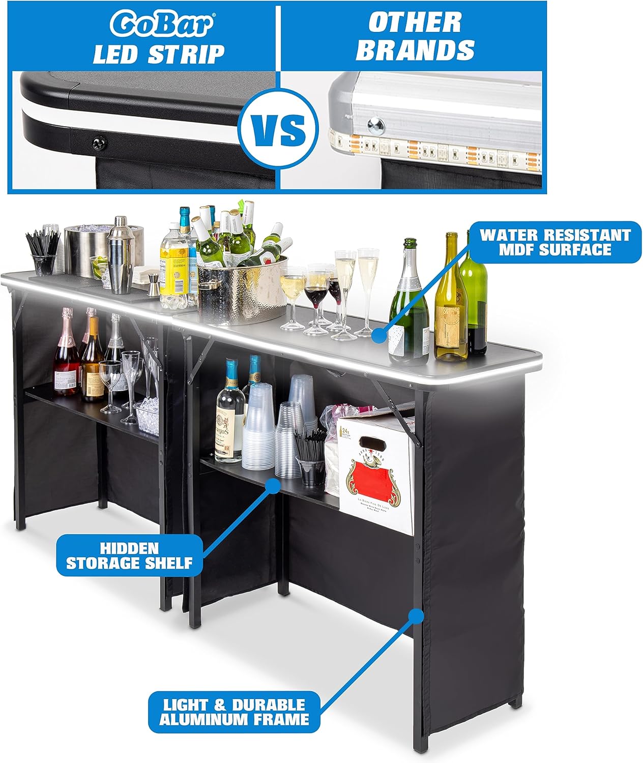 GoBar – Juego de mesa portátil de doble barra con luces LED multicolores, estación móvil de barman para eventos, incluye funda de transporte