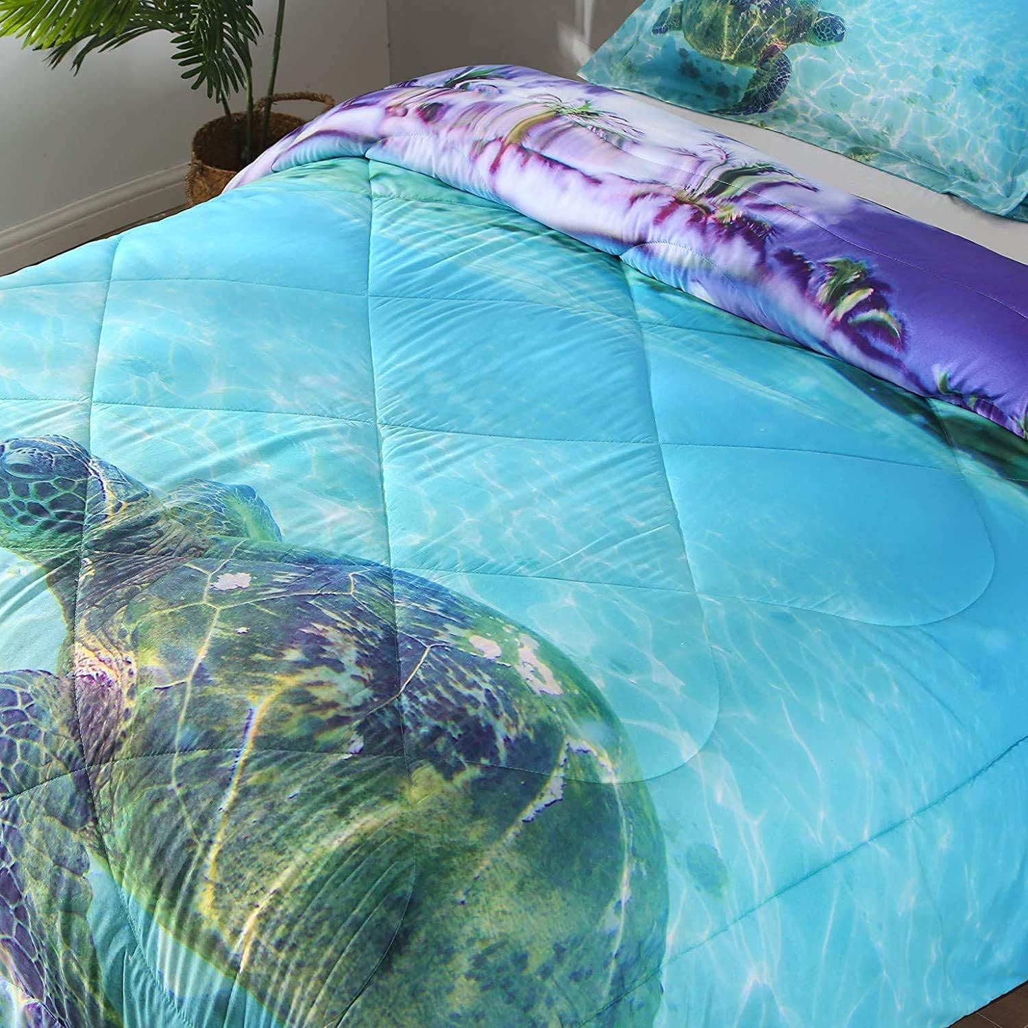 ENCOFT Juego de edredón de tortuga para niños, juego de ropa de cama matrimonial para niñas y niños, juego de ropa de cama de 3 piezas, color azul